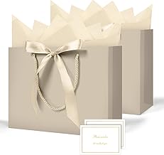 AMFUN Set of 2 Gift Bags with Handle, Paper Gift Bags with Bow Ribbon, Paper Bags with Handle, Gift Wrapping for Christmas, Birthdays, Weddings, Parties (Champagne Gold)