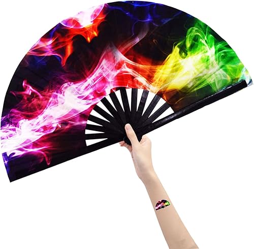 Amajiji Ventilador plegable grande para mujereshombres, ventilador plegable de mano de bambú chino y tela de nailon, ventilador plegable de mano,