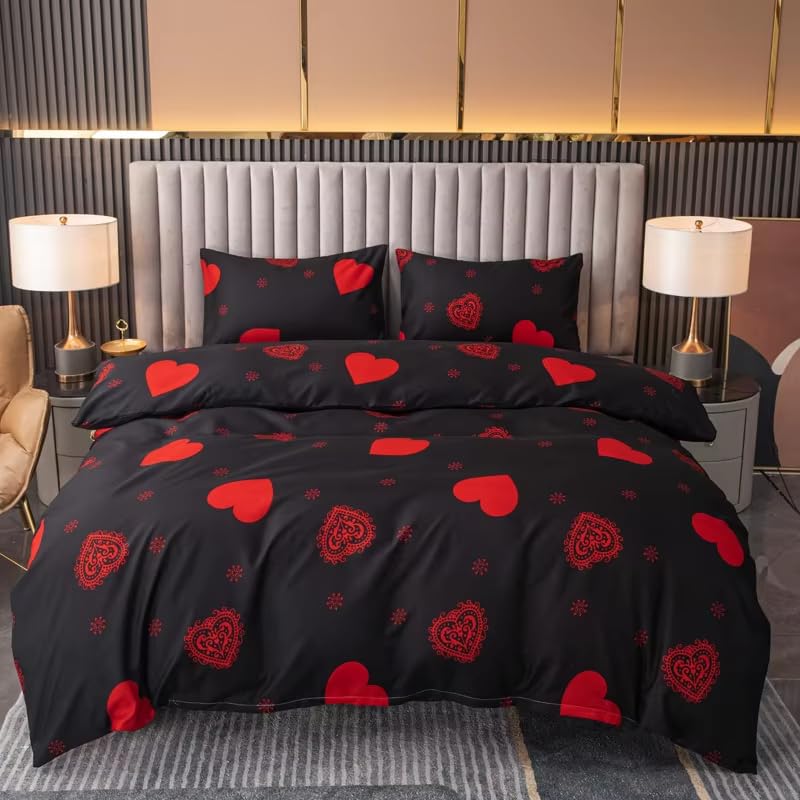 Parure de lit 200x200 microfibre noire à motifs cœurs rouges avec taies