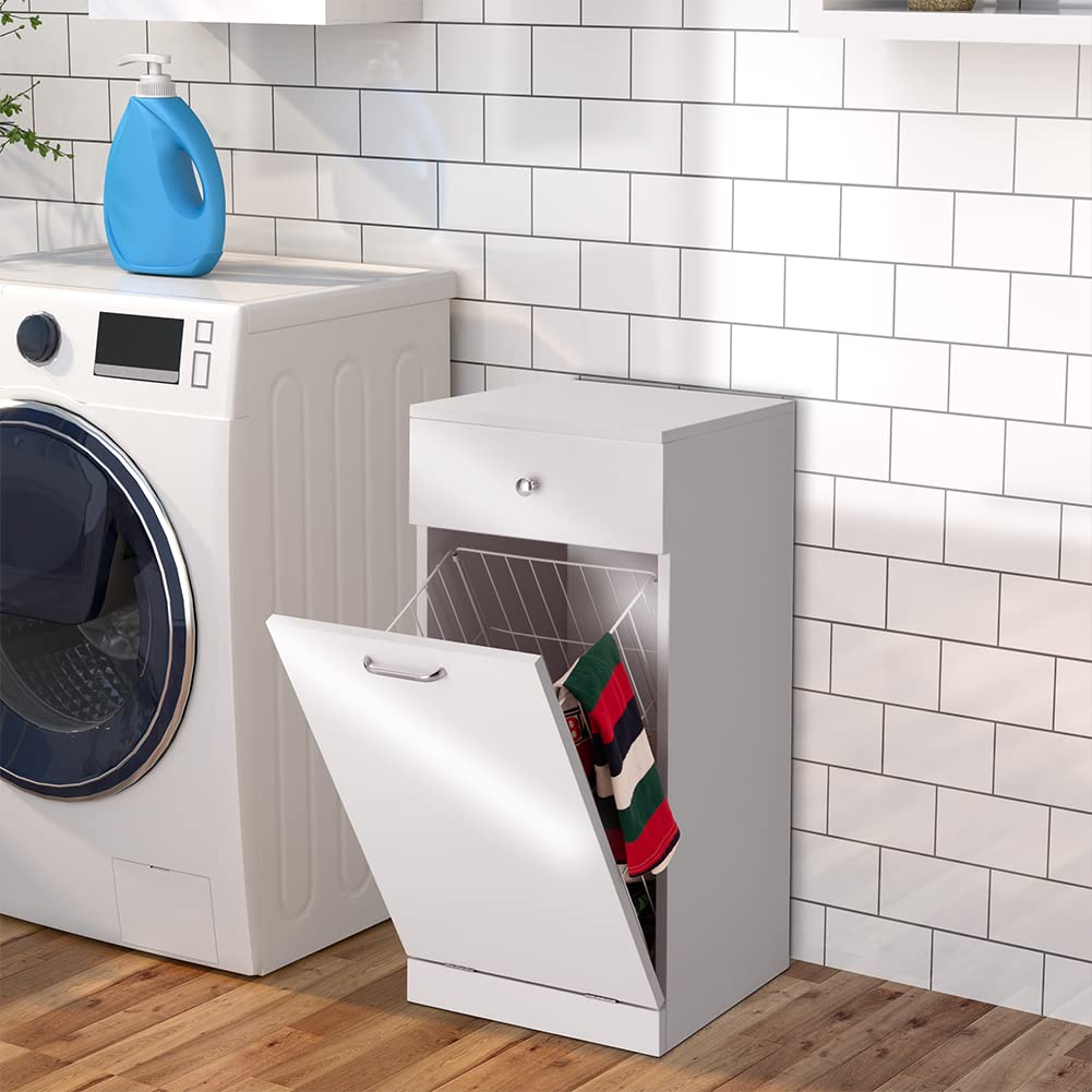BAKAJI Mobile da Bagno Porta biancheria Bianco con 1 Cassetto ed 1 Anta Basculante, Armadietto Autoportante con Cesto per Lavanderia, Vano Portaoggetti, Dimensioni 35 x 35 x 75 cm