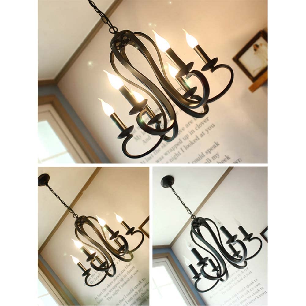 Retro Hanging Lamp Wohnzimmer Beleuchtung E14 * 6 Schmiedeeisen -Lampenkörper Verstellbares Höhenrestaurant Café Korridor Kronleuchter dekoratives Licht 62 cm, schwarz bequemes Jubiläum