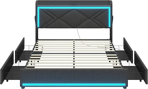 Miniatura 8 de Base de cama Queen con cajones y luces LED, plataforma tapizada con estación de carga tipo C y USB, marco de cama LED Queen con cabecera de