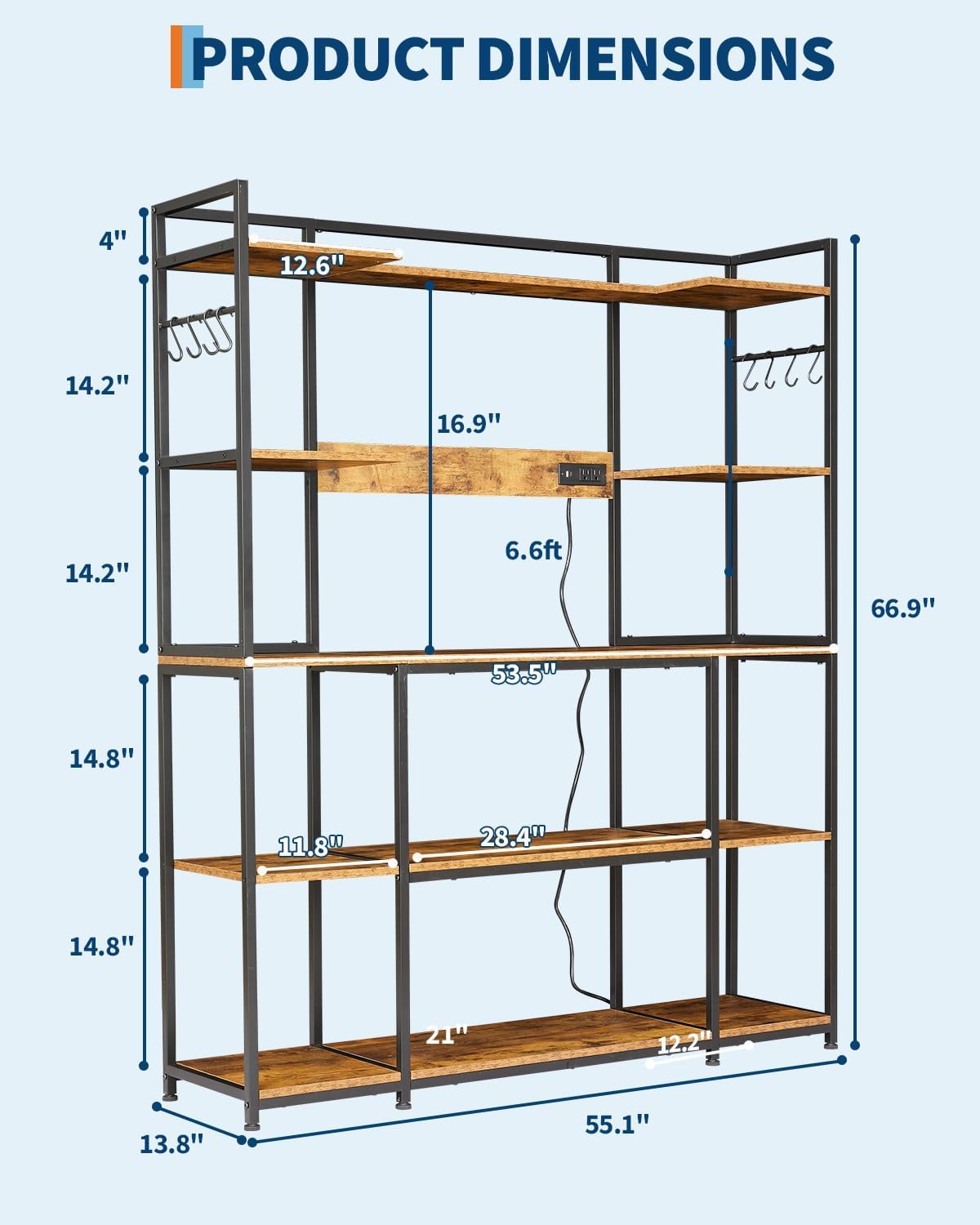 55" Wide Large Bakers Rack with Power Outlet, 4-Tier Kitchen Storage Shelf Stand for Microwave Oven, Coffee Bar Table with 6 Hooks & Rustic Hutch Storage Organizer