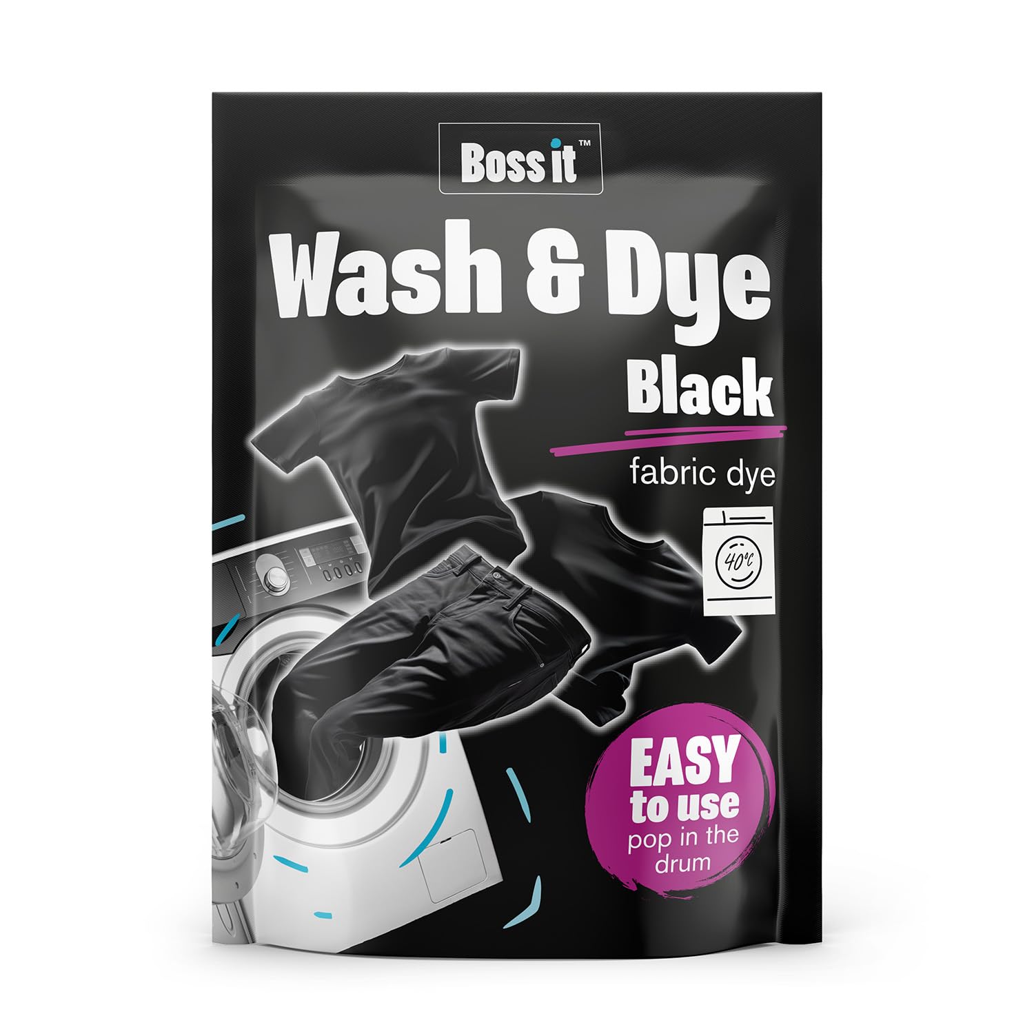 Boss ItWash & Dye Black, Intense Black Dye for Clothes - Just Pop in The Drum, Easy to Use Fabric Colour for Washing Machine