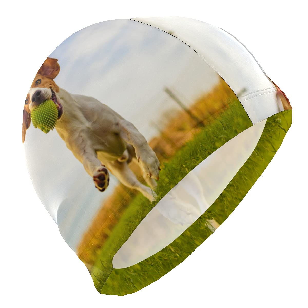 Hupery Beagle Play Ball Swim Cap Easy Put On/Off Swimming Caps Long Hair Short Hair Swim Caps for Adult Youth Women Men