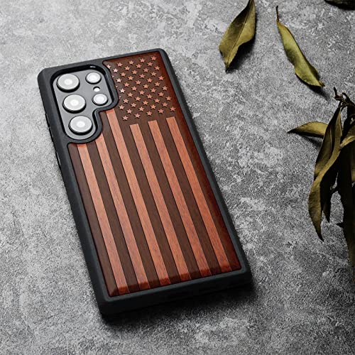 Image of Carveit Wood Case for Galaxy S23 Ultra, The Classic American Flag-Rosy | Samsung Galaxy S23 Ultra Cover, Unique Wooden Design, Engraved Wood with TPU Shockproof Bumper, Wireless Charging Compatible