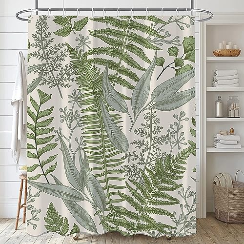 BIVINAR Spring Sage Green Leaves Shower Curtains, Waterproof Fabric Botanical Plant Bathroom Shower Curtain with Hooks, 72 x 72 Inch