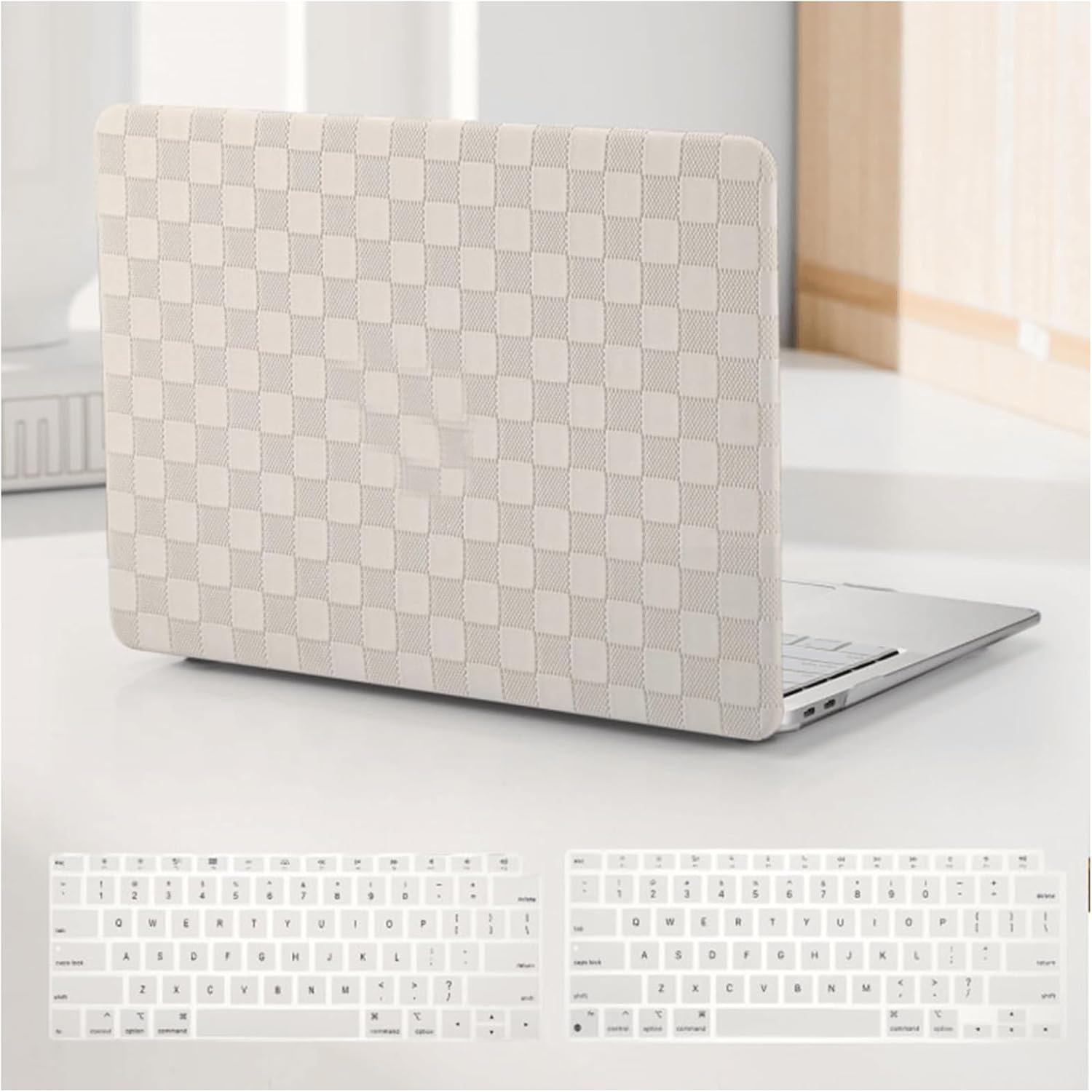 for MacBook Pro 13 inch Case M2 2025-2023, 2022-2016 A2338 M1 A2251 A2289 A2159 A1989 A1708 A1706, Checkered Textured Cream Leather Hard Shell Logo Cutout & Keyboard Cover, Beige Checkerboard 2016-2024 Macbook Pro 13 inch M1 M2 Checkerboard Beige