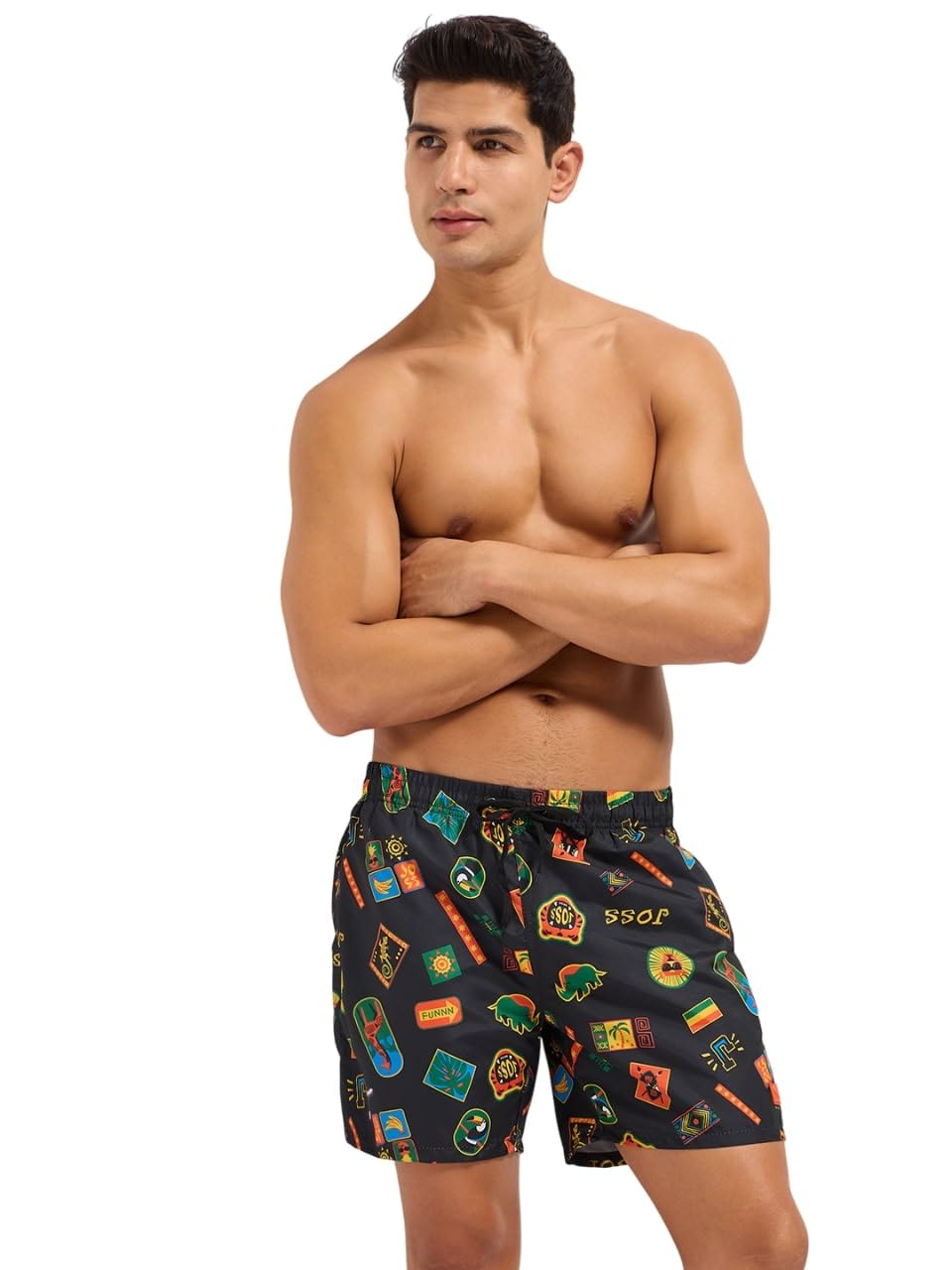 Men's Printed Swim Shorts with Drawstring Closure