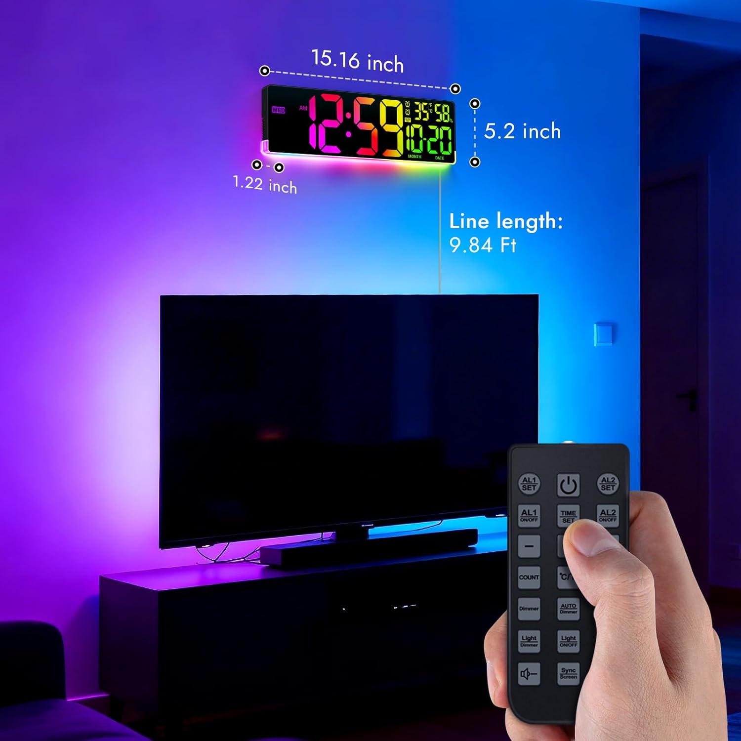 16.5" Large Digital Wall Clock: 11 Screen Colors and 13 U-Shaped RGB Backlight Modes with Sync Screen, Auto DST, Temp & Humidity, Dual Alarm & Timer – Digital Clock for Gym, Classroom, Gaming Room