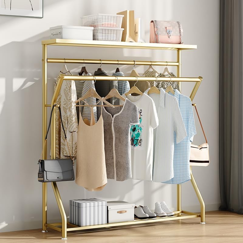 MAIKAILUN Clothing Rack Gold, Heavy Duty clothes Rack for Hanging Clothes,with Double Rod,shelves and 2 hooks,Freestanding Garment Rack for Organizing Shoes,bags,hats, Boutique Coat Rack