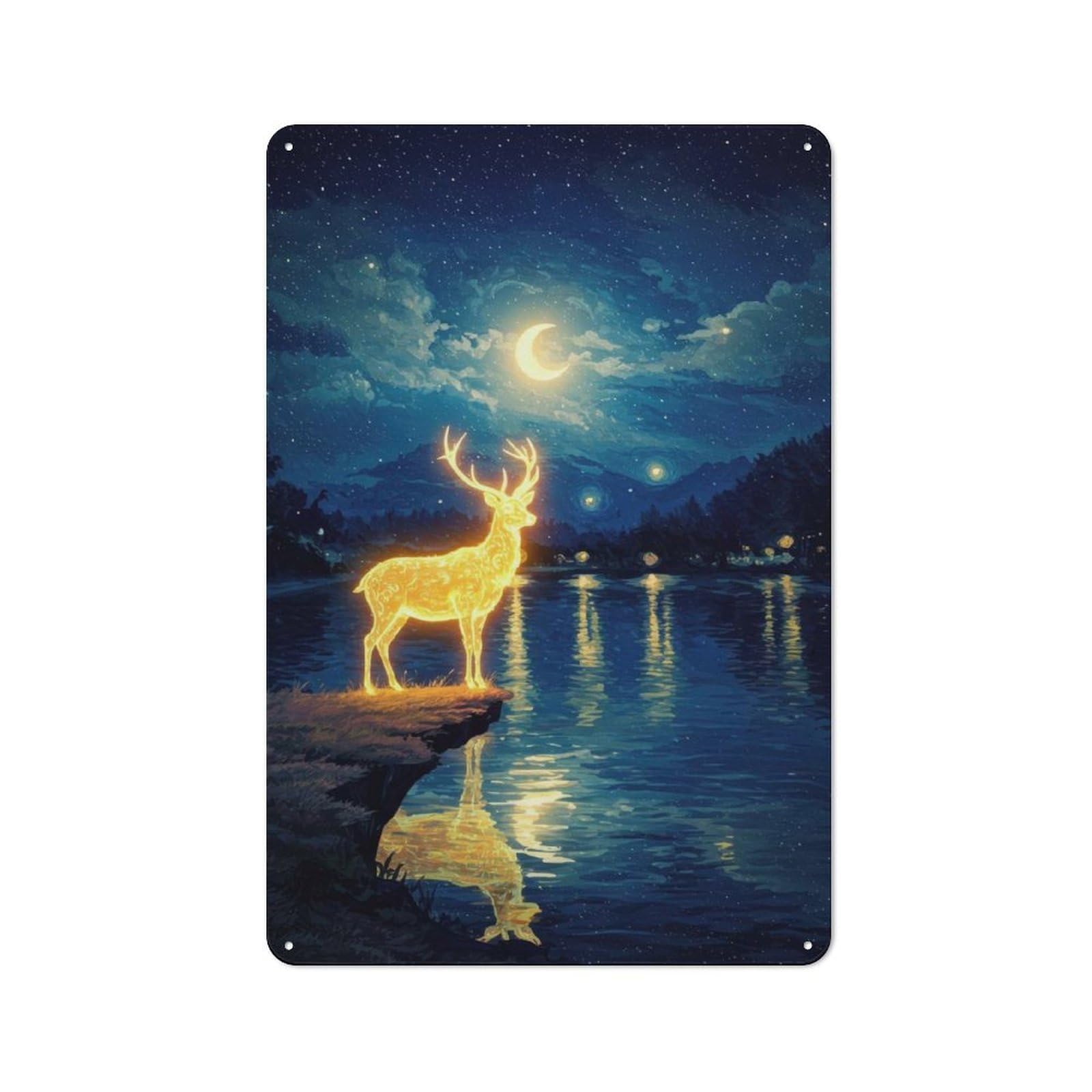 Junmoney Glowing Deer By Lake At Night Rustic Tin Sign 30X20cm Featuring For Living Room Wall, For Metal Sign Collectors, For Garage And Workshop Walls