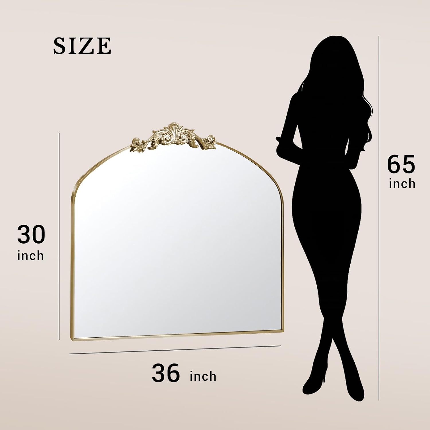 MISSDAY Vintage Arched Baroque Wall Mirror, 36" x 30" Antique Ornate Mirror for Wall with Elegant Carving Top, Full Metal Frame Mirror for Bathroom, Living Room, Fireplace, Entryway, Retro Gold