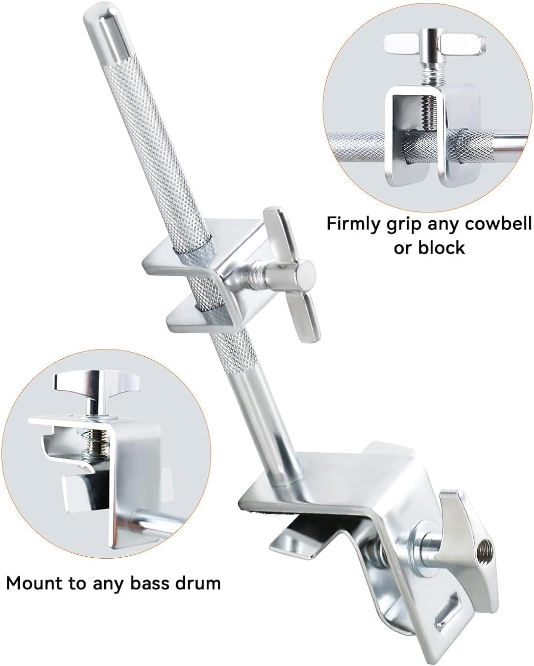 6 Inch Cowbell And Cowbell Clamp, Cowbell Holder Percussion Accessory, Adjustable Drum Cowbell Mount for Bass Drum Hoop Up or Down And Drum Brushes
