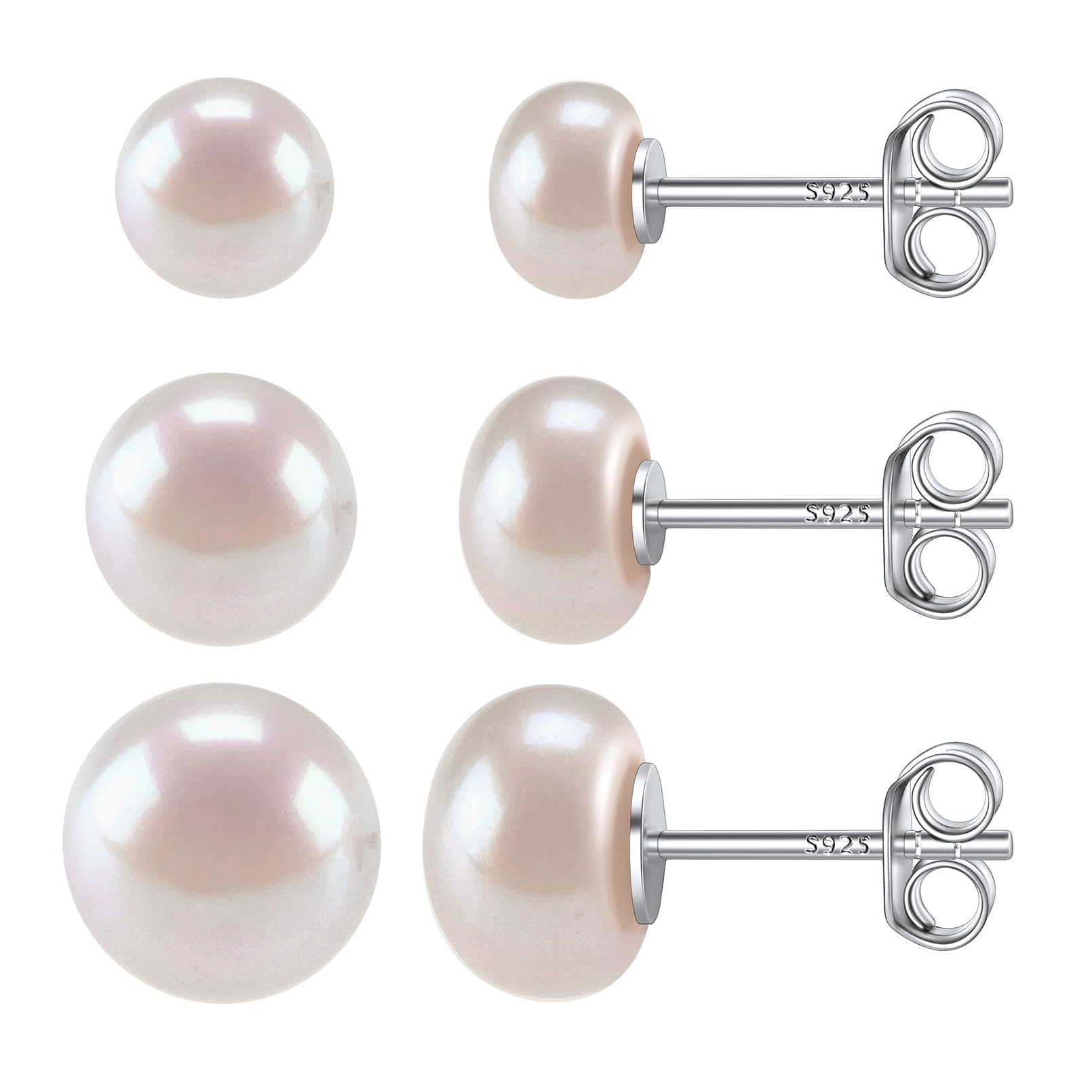 ChicSilver Damen Paar Ohrstecker Süßwasser Zuchtperlen Weiß Silber Perlenohrstecker Mädchen Ohrstecker Set 4mm/6mm/8mm/10mm für Valentinstag Muttertag Weihnachten
