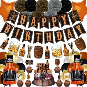 BORAMDO Whiskey Birthday Party Decorations for Men – Aged to Perfection Supplies including Birthday Banner, Cake Toppers, Foil Balloons, Tissue Paper Flowers (brown)