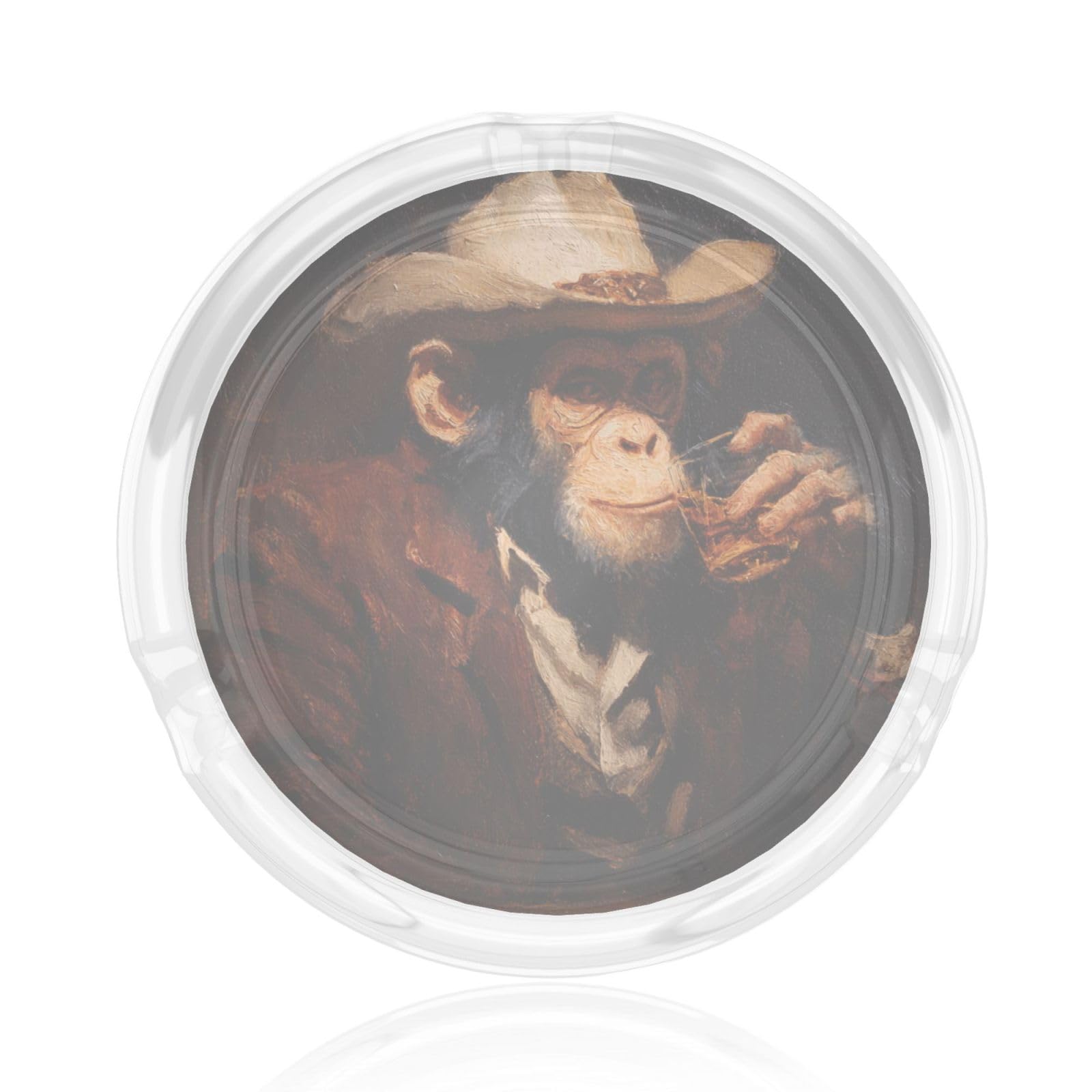 Monkey In Cowboy Attire Drinking At Bar Glass Ashtray For Cigarettes Ash Trays Case For Home Office Decor