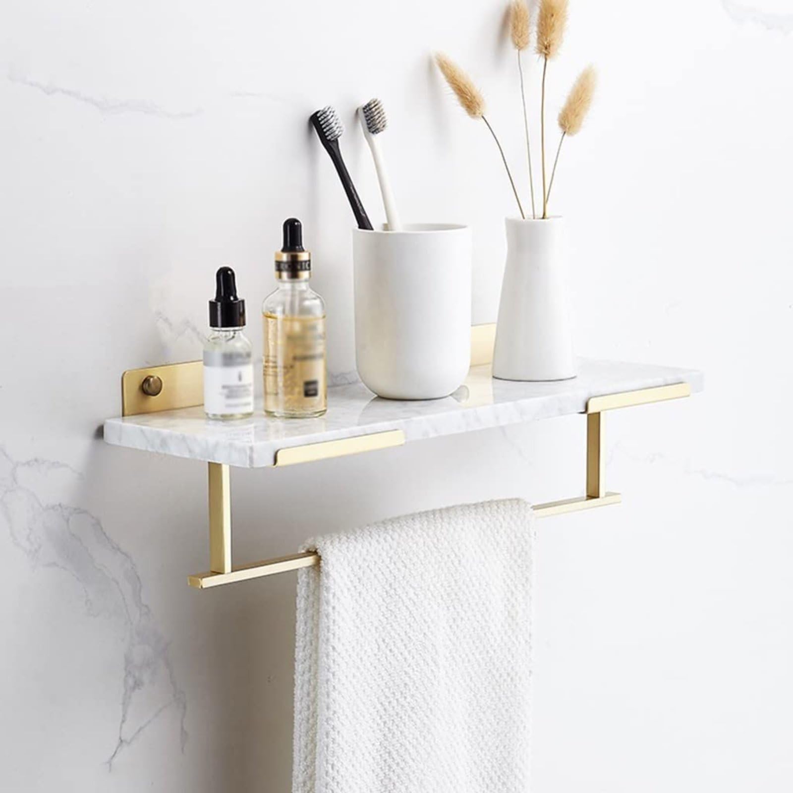 BAOTEDSL Shower Caddy Floating Shelves Nordic Light Brass Brushed Bathroom Shelf Rack Marble Shelves Wall Mounted Shampoo Cosmetics