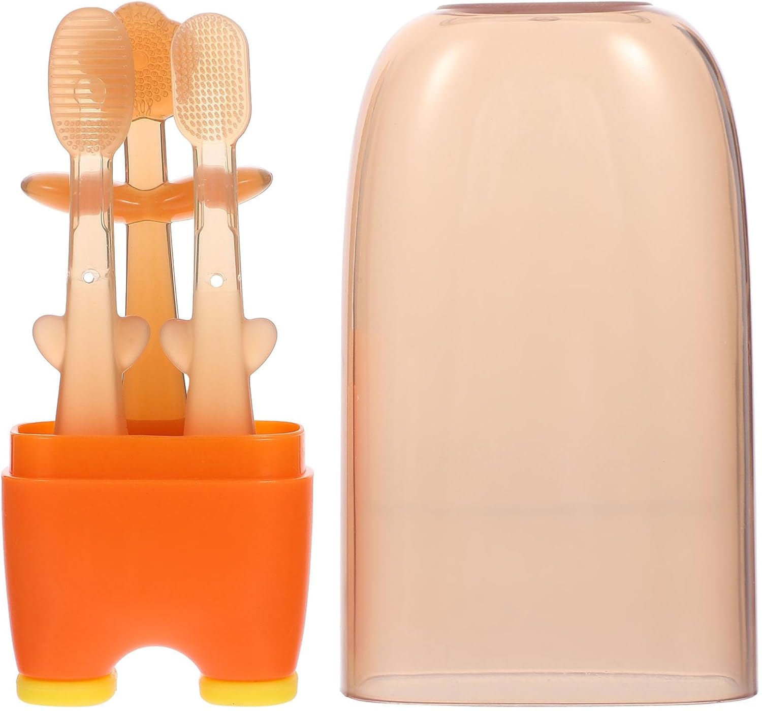Silicone Toothbrush 3pcs with Tongue Cleaner Soft Bristles Oral Care for Newborns Mouth Cleaning Tool in Warm Orange