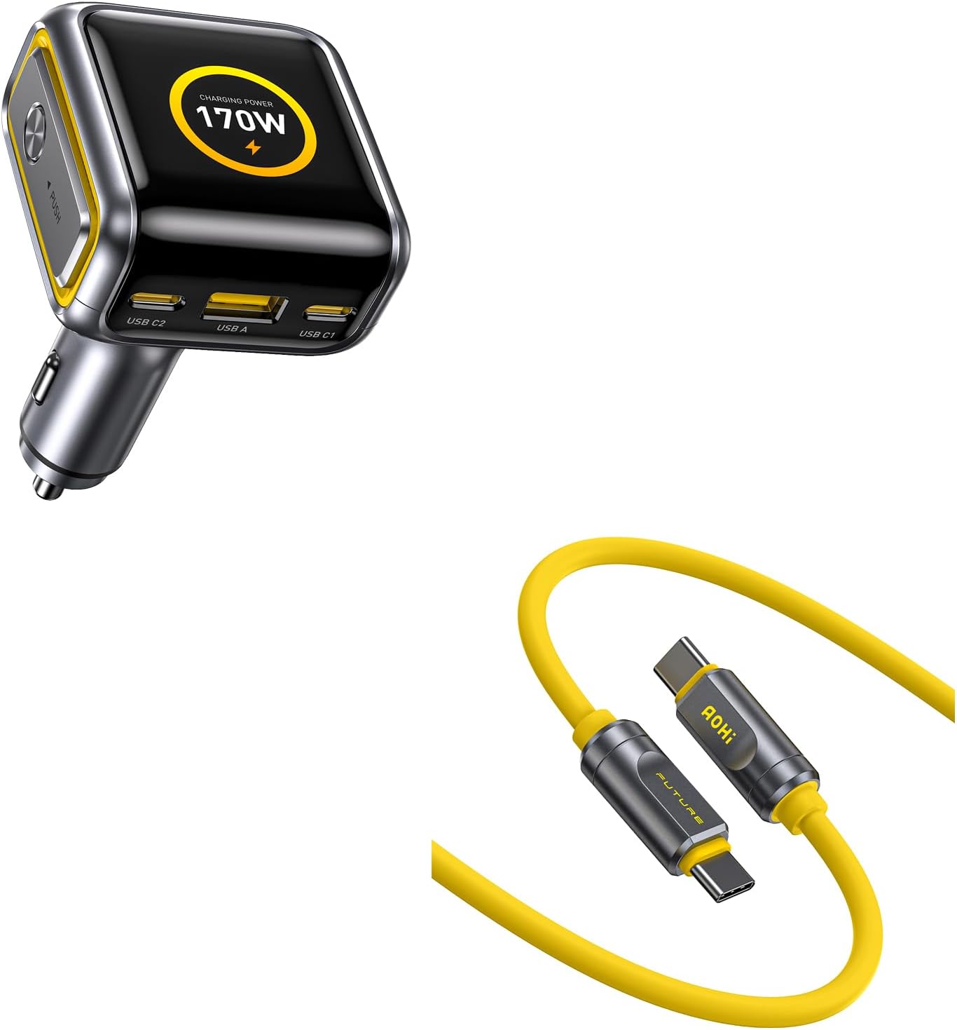 AOHI SUPERAUTO 170W Car Charger with Smart LED Display, 140W PD 3.1 USB C Fast Charging Car Adapter with 80Gb/s USB4 2.0 Cable 3.3FT with up to 120Gbps Bandwidth Boost Dual 8K/4K Display 240W PD 3.1 F