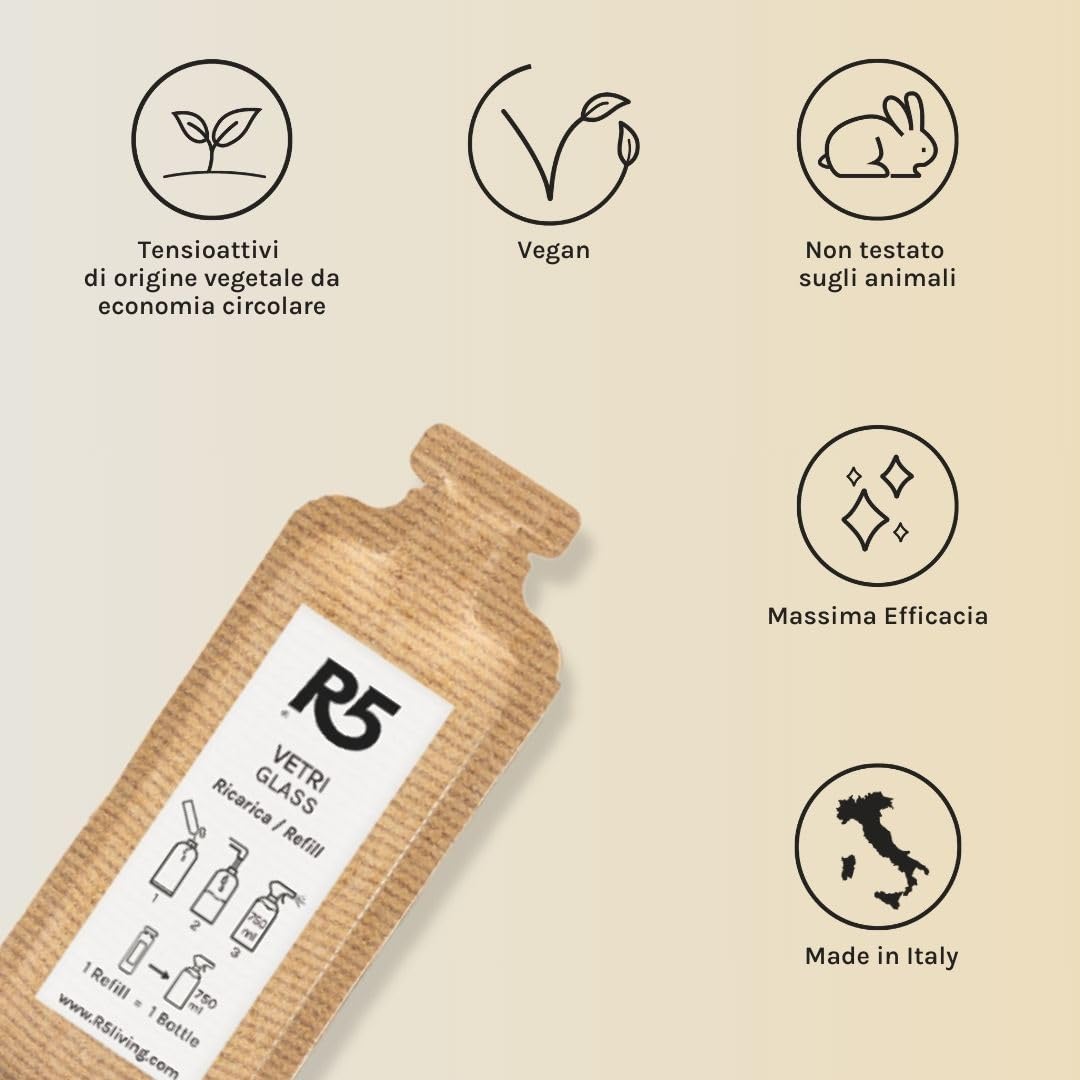 R5, Multipack 12 Refill Vetri, Detergente Vetri, Ideale per la Pulizia di Vetri, Cromature e Cristalli, Fragranza Acacia e Rosmarino, Made in Italy