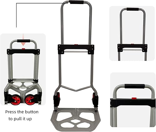 Miniatura 4 de Carrito de mano plegable y carrito de mano, carrito portátil de acero con mango telescópico y nailon y ruedas de goma, capacidad de 220 libras