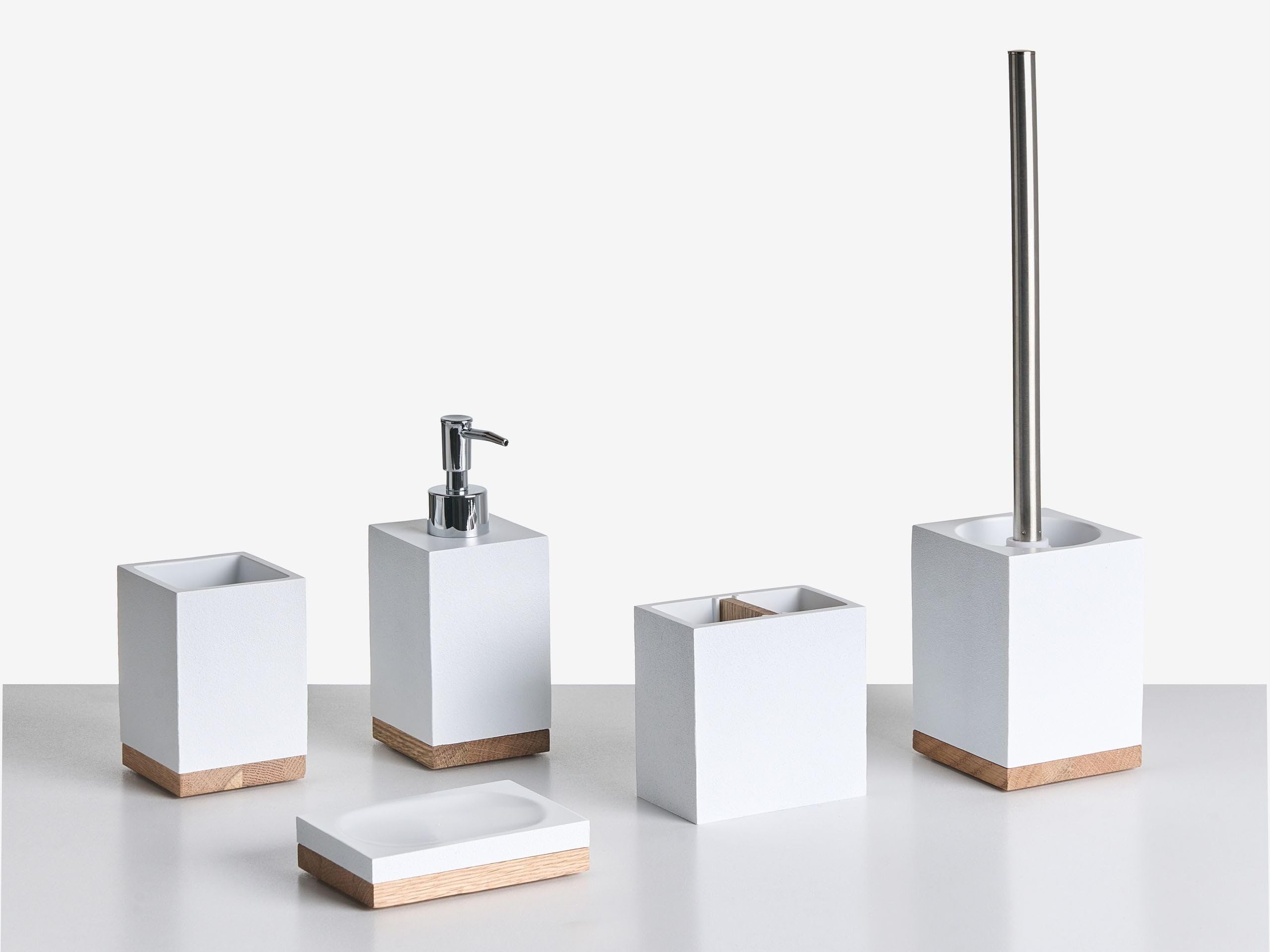 Conjunto de 5 Accesorios de baño jabonera dispensador de jabón escobilla de Inodoro Vaso Soporte para cepillos de Dientes Blanco Tapiche