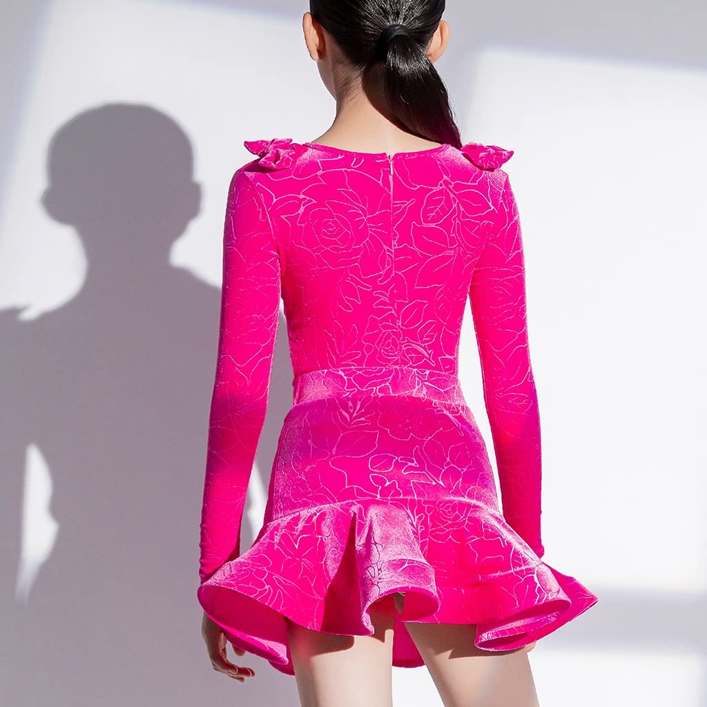 MIYYO Vestito da Ballo Latino for Ragazze,Body E Gonna A Maniche Lunghe in Velluto Autunno Inverno for Bambini for Rumba Samba Cha Cha Tango,Dress da Ballo da Competizione for Ragazze