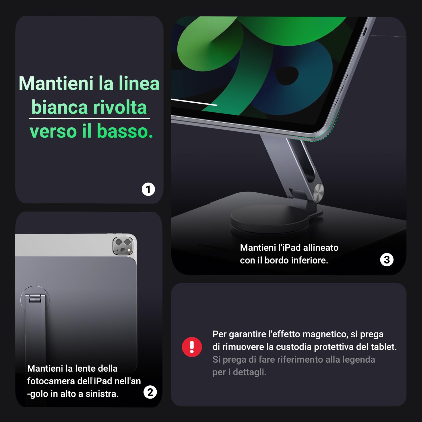 UGREEN Supporto magnetico da scrivania per iPad Pro 12.9 girevole a 360 ° pieghevole regolabile in altezza Supporto da viaggio portatile in alluminio compatibile con iPad Pro 12,9 pollici
