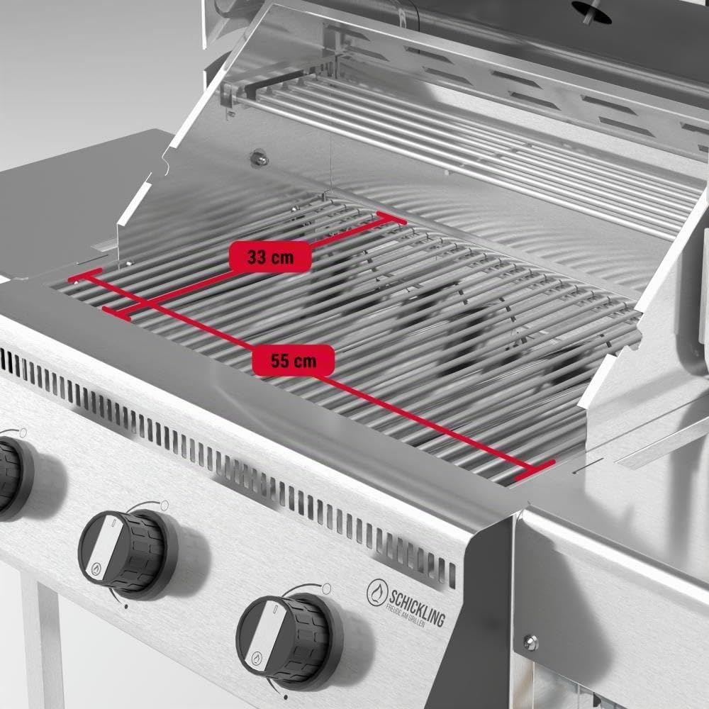 Schickling Gasgrill "Henry L - Classic" Premium BBQ Grillwagen komplett aus Edelstahl mit 3 Brennern & Doppelwandigem Deckel – Made in Germany: 3-teiliger Grillrost | Grillfläche: 55 x 33 cm
