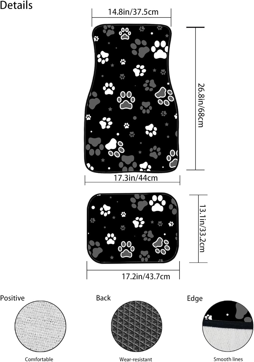 Paw Print Car Floor Mats Carpet Universal Abstract Dog Footprints Grey White Paws and Stars Floor Mats for Cars Vehicle Front Rear Foot Rugs Cute Animal Claws Car Accessories for Trucks