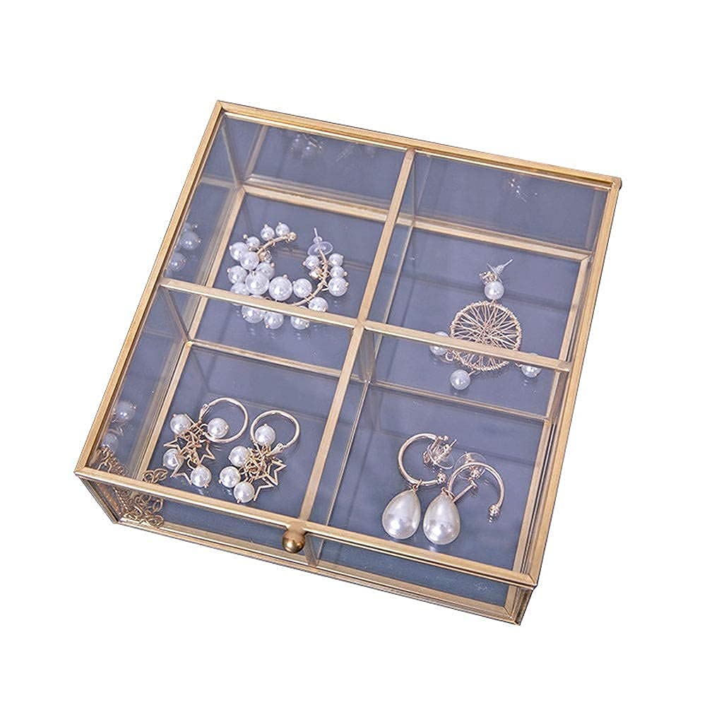 Sddpulse Women's Golden Jewelry Box Organiser Style Simple Glass Jewellery Chest Four Grid Dust- Jewelry Box Organiser For