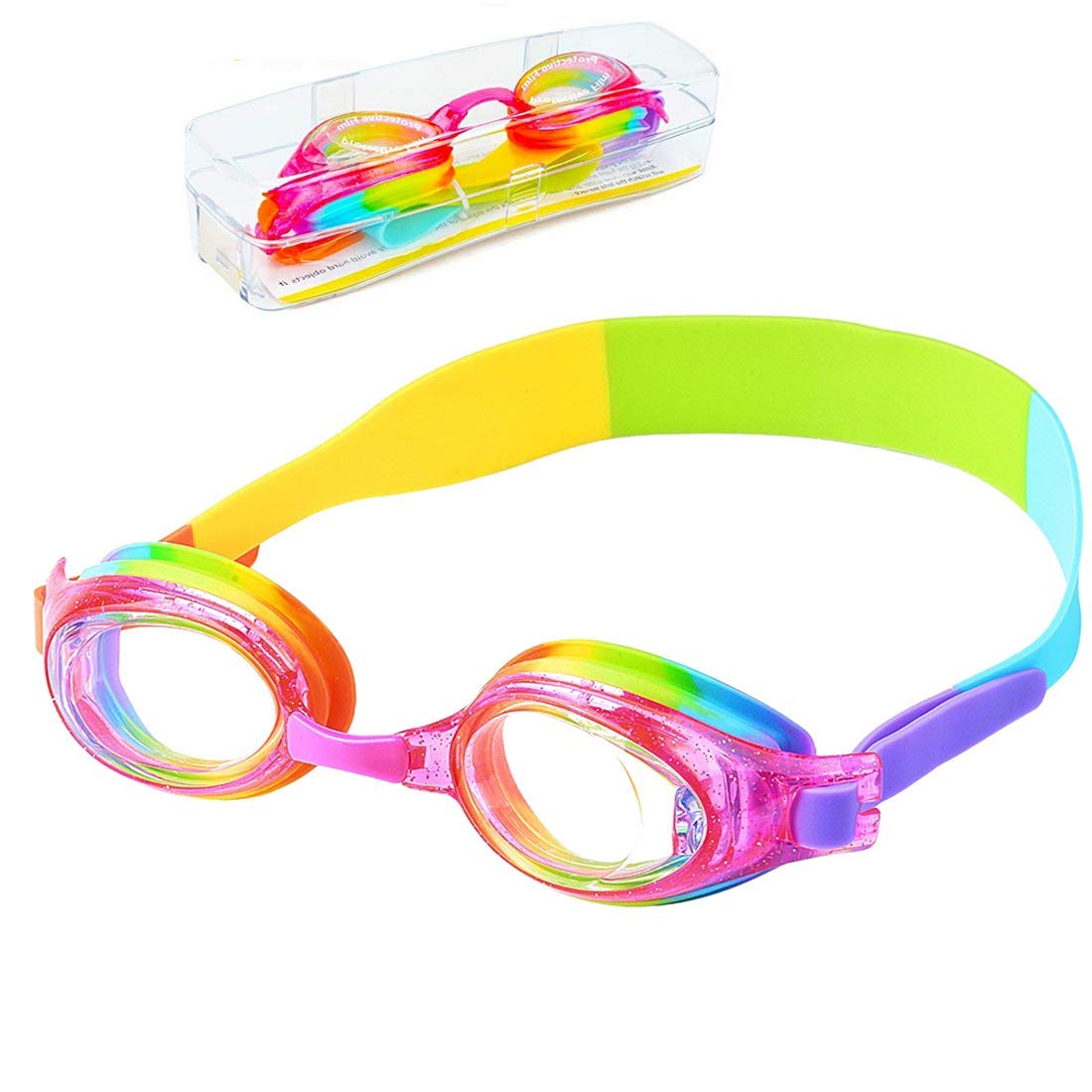 Swim Goggles, Anti-Fog Leak Proof Kids Swimming Goggles Flexible Nose Bridge Wide View Swim Glasses with Portable Case for Children Teens Girls