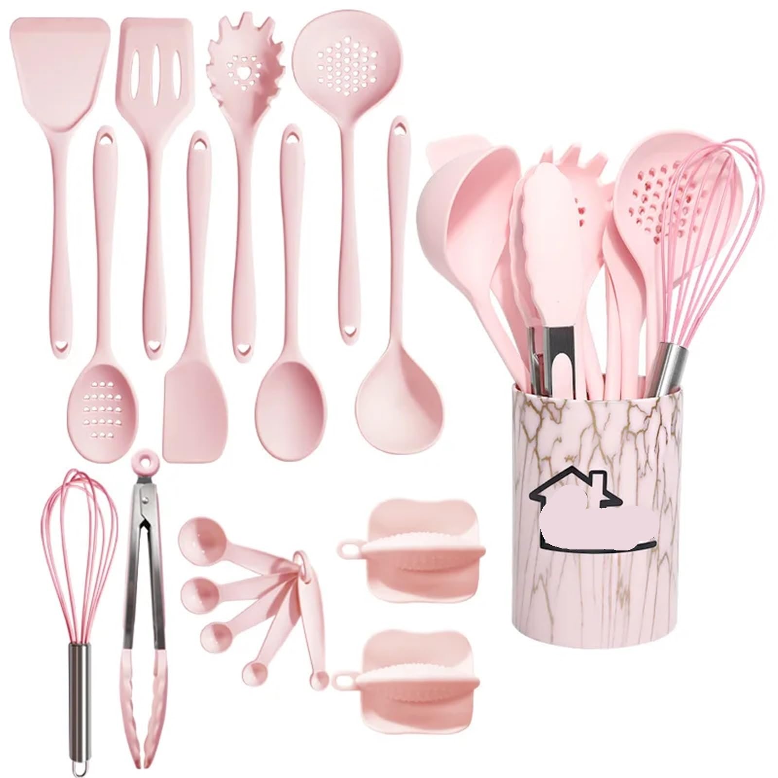 Set Utensili Da Cucina In Silicone Rosa 18 pezzi utensili da cucina in silicone alimentare spatola Turner misurino pratico(White)
