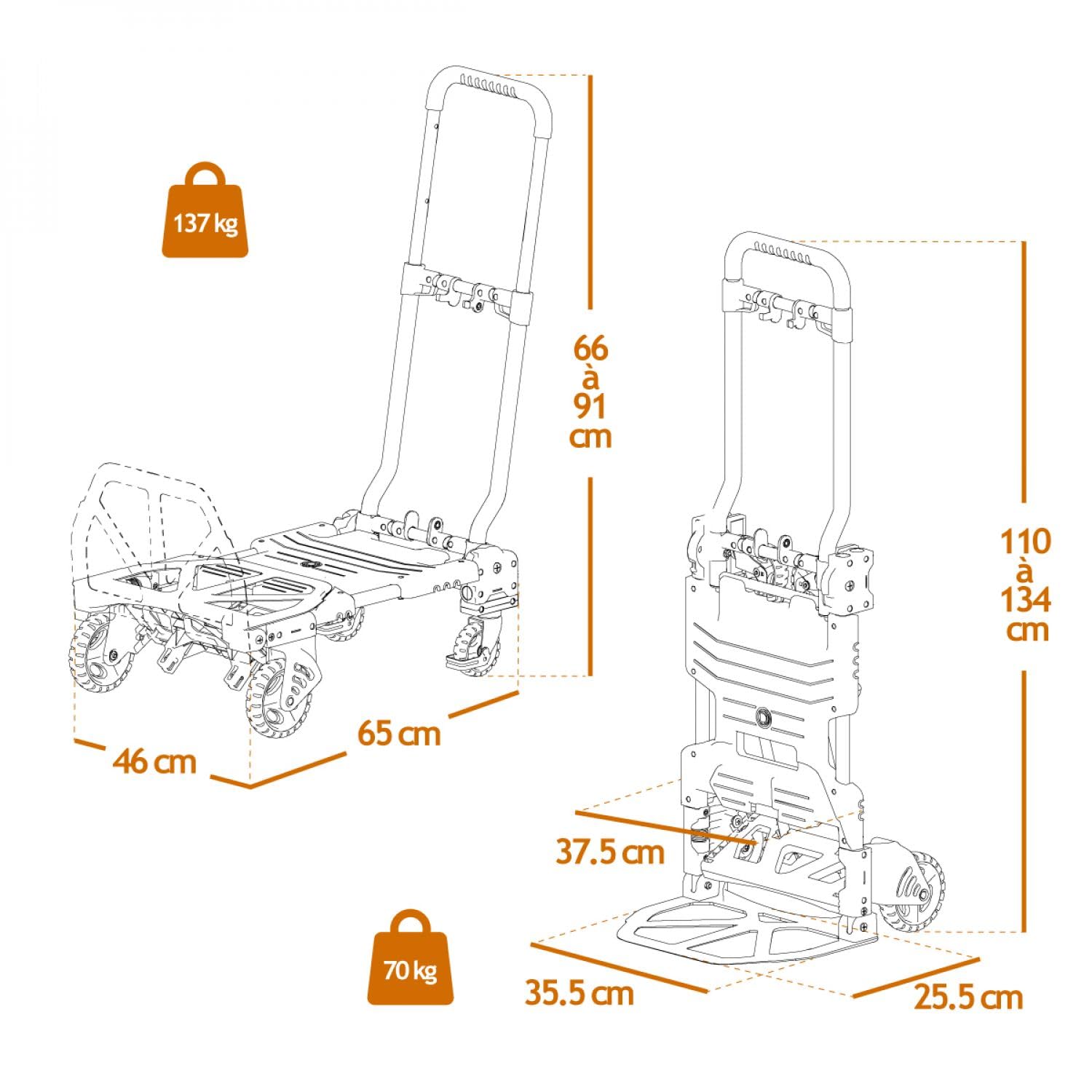 Linxor - Carrello pieghevole 2 in 1 con piattaforma a 4 ruote - Portata 137 kg