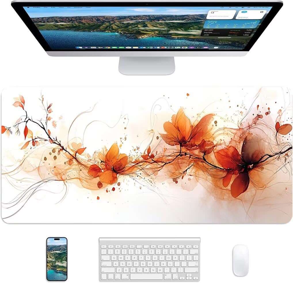 Wxuaixnn Fiore Tappetino Mouse Gaming XXL 160x80cm Tappetino Scrivania, Impermeabile Tappeto Mouse con Base in Gomma Antiscivolo, Non-Slip Rubber Base, Bianco Mousepad XXL per Gamer e Ufficio -10126