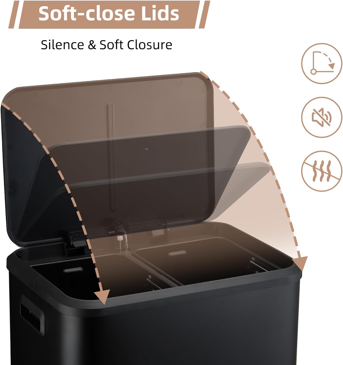 GlowSol Black Kitchen Dual Step Trash Can & Recycle Bin with Soft Close Lid, Touchless Trash Can with Foot Pedal and Inner Bucket, Garbage Bin Kitchen - 8 Gall