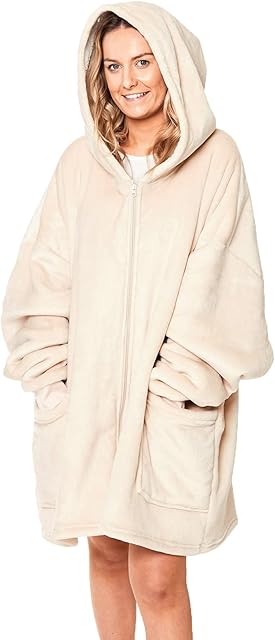 Sienna Zip Up Oversized Hoodie Blanket Warm Winter Plush Hooded Wearable Zipper Sherpa Sweatshirt Fluffy for Daughter Women Girls Men, One Size - Natural