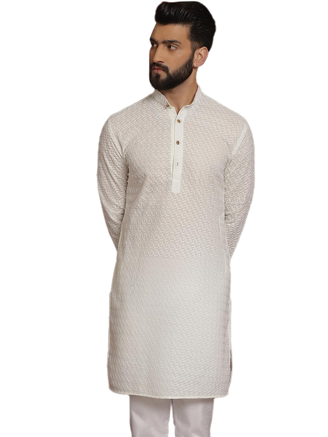 Sojanya (Since 1958 Ethnic Motifs Embroidered Thread Work Pure Cotton Cream Straight Only Kurta