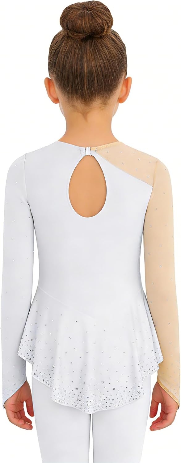 Hansber Figure Ice Skating Dress for Girls Long Sleeve Ballet Gymnastics Skirted Leotard Competition Dancewear