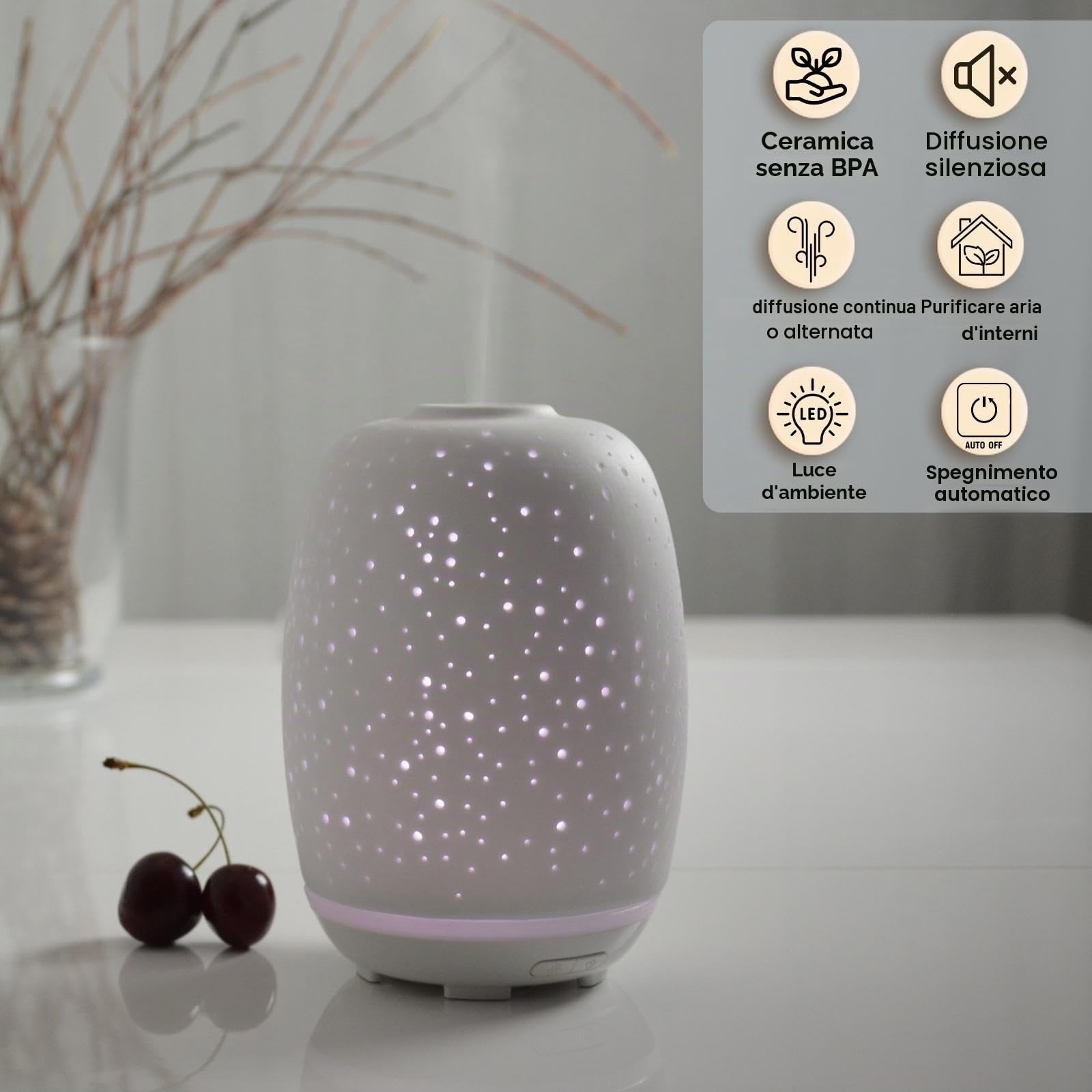 Zen'Aroôme Diffusore di Olio Essenziale Stella - Ultrasonico Aromaterapia a Freddo - Elettrico Multifunzione in Ceramica - Illuminazione LED d'Atmosfera Colorata - Spegnimento