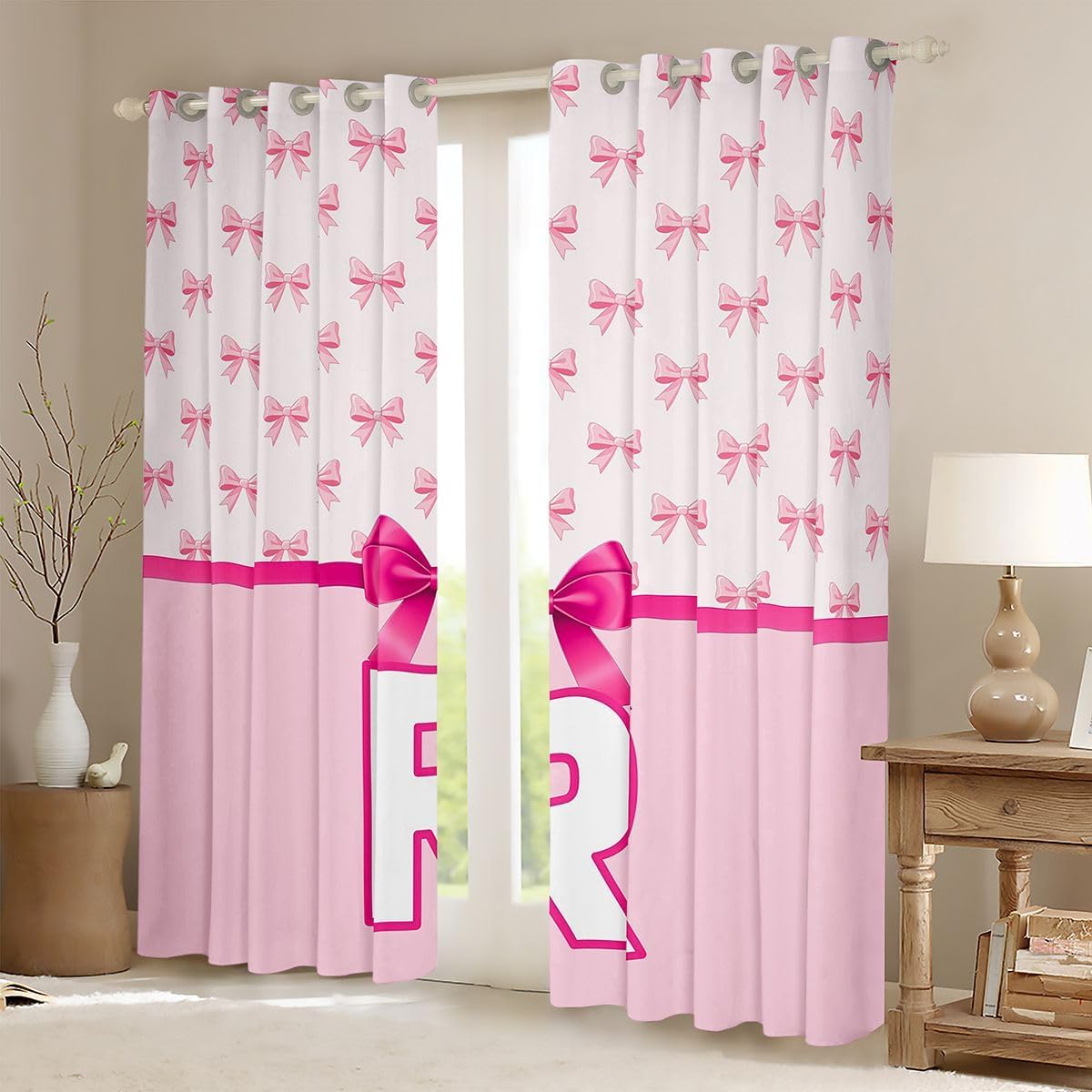 Feelyou Grils Bowknot Blackout Curtains Dreamy Princess Darkening Drapes for Bedroom Living Room Decor Personalized Letter R Thermal Insulated Shades Window Treatments, 2 Panels 42 x 90 Inch image 2