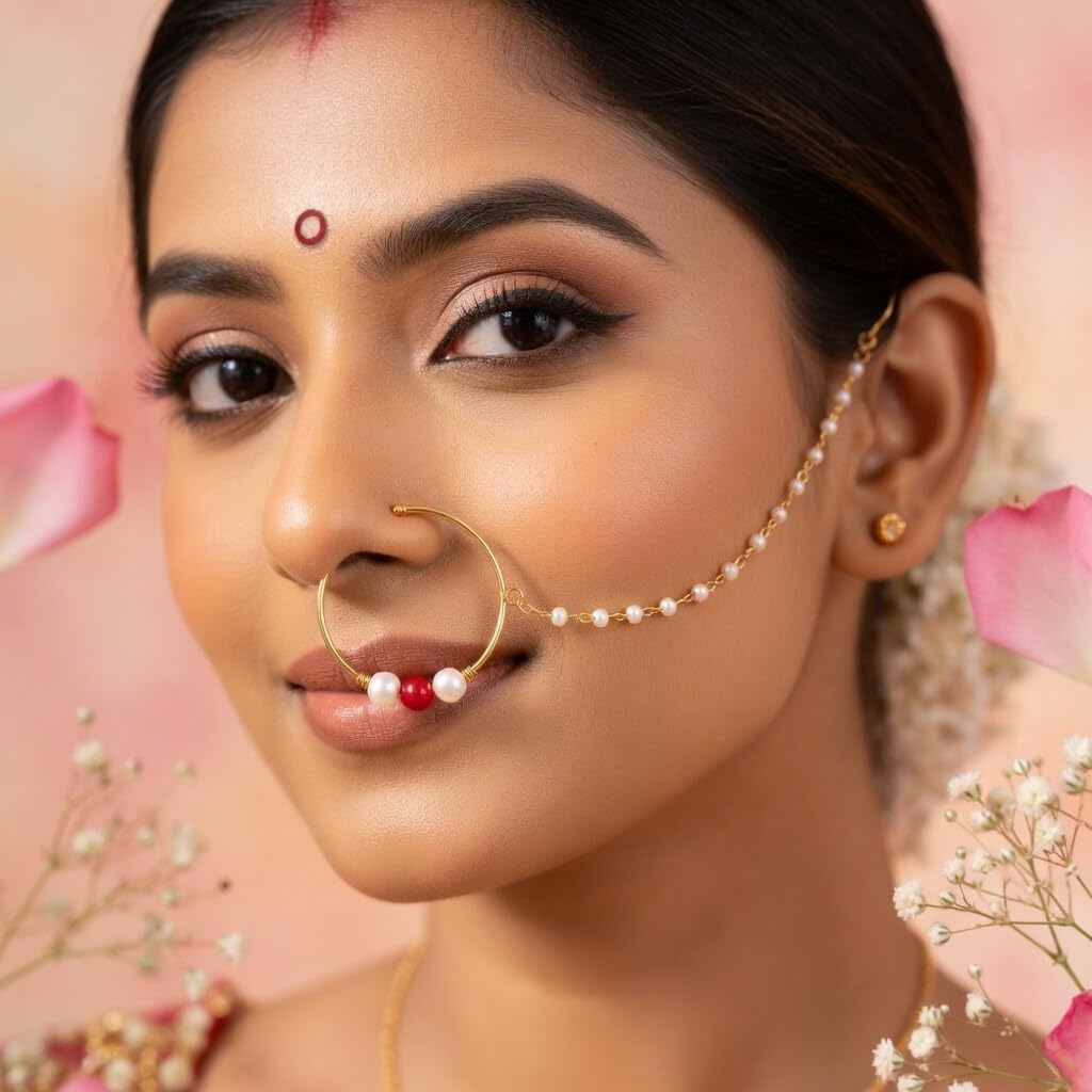 Efulgenz Indian Nose Rings Hoop with Chain Faux Pearl Nath Nathni Nose Pin Stud Fake Septum Ring Indian Bridal Jewelry for Wedding Nose Hoop Ring Non Piercing Body Jewelry for Women
