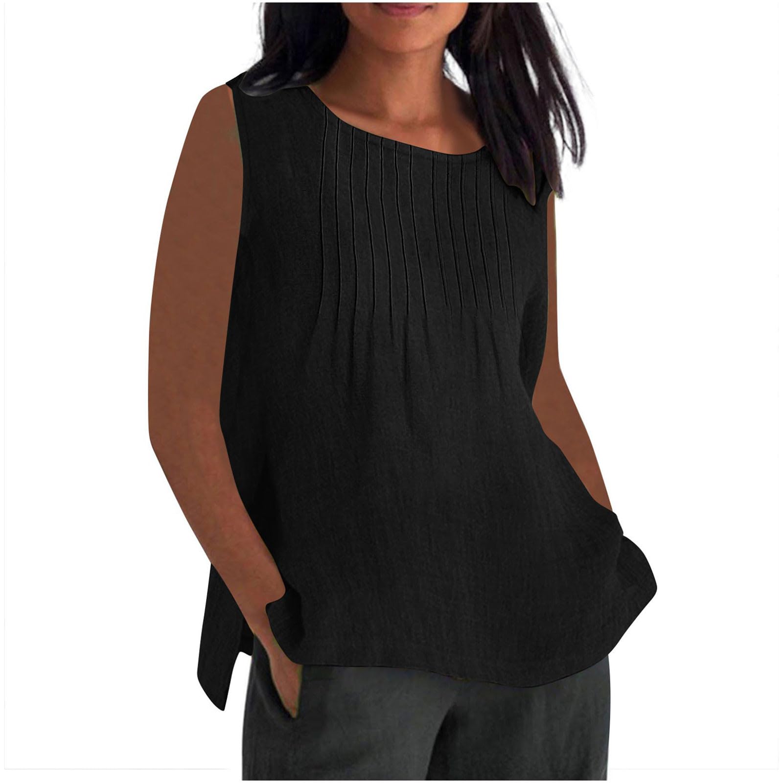 RLEHJN Musselin Tank Top Damen,Lang Trägertop Locker T-Shirt Lässige Baumwoll Leinen Tanktops Sommer Plissierte Ärmelloses Tunika Leichte Damen T-Shirt Strand Vest Blusentop Übergröße S-5XL