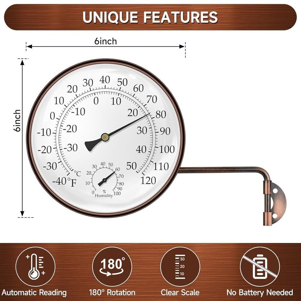 6 Zoll Kupfer Outdoor Thermometer Hygrometer, Wetterfest Analog für Zifferblatt °F/°C Skala Sensor für Garten Terrasse Gewächshaus Garage Wandhalterung