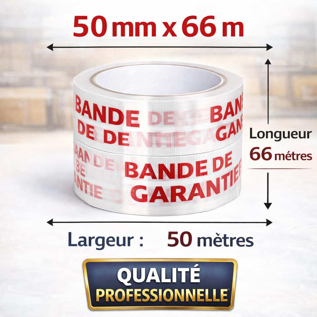 Ruban Adhésif BANDE DE GARANTIE - 50 mm x 66 m – Lot de 18 Rouleaux + Dévidoir Offert – Adhésif Blanc & Rouge – Ruban Adhésif Emballage pour Cartons, Déménagement, Colis, Stockage et Expédition
