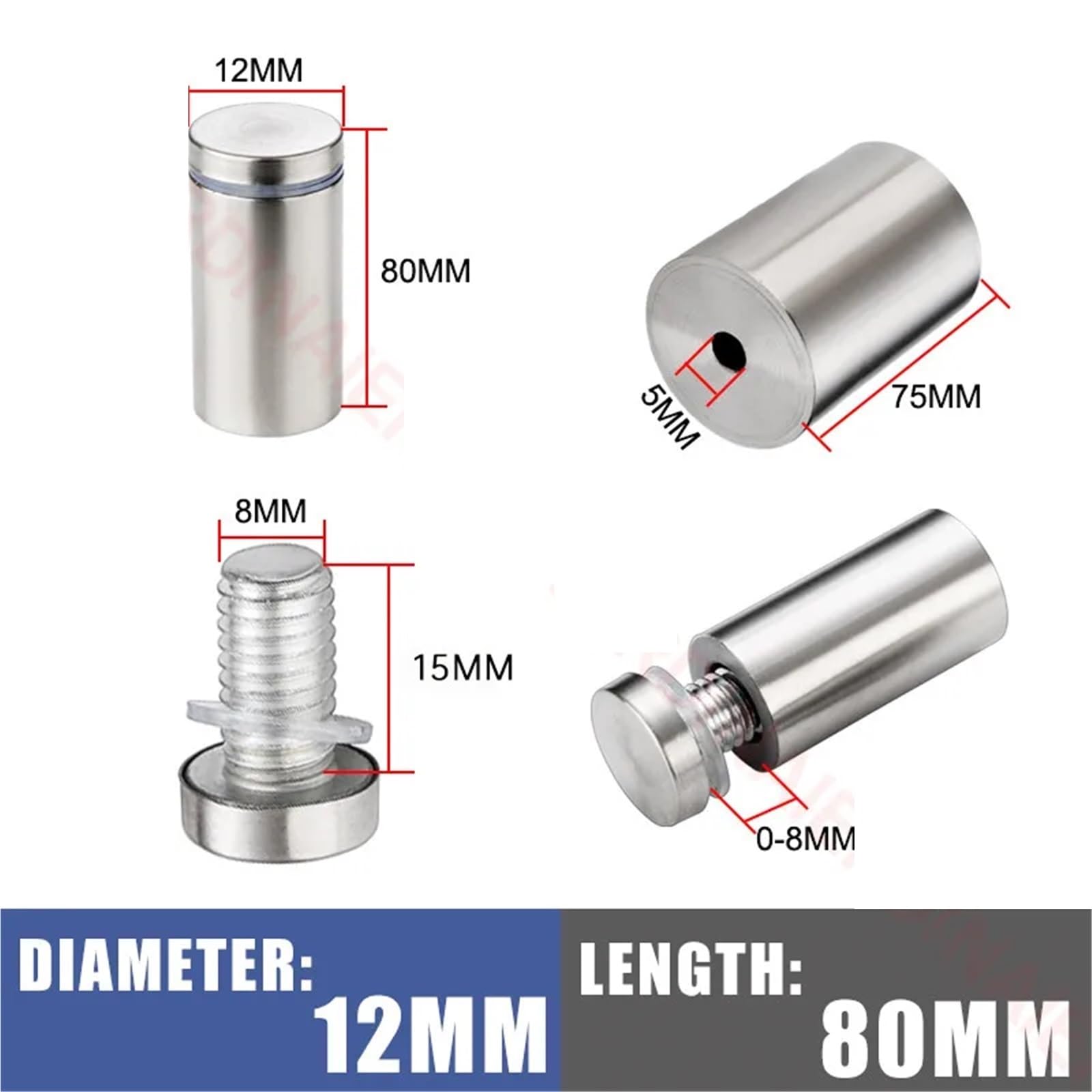 Mocowania dystansowe, śruby dystansowe 12 mm Uchwyty ścienne ze stali nierdzewnej Łączniki do szkła akrylowego 20-80 mm 50 szt.(12x80mm,12x80mm)