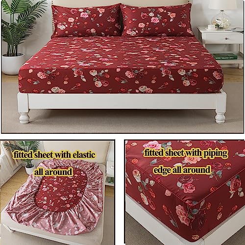 Image of FADFAY Red Rose Sheets Set Full Vintage Rose Floral Bedding Chic Rose Flower Bed Sheets Shabby Farmhouse Bedding 100% Percale Egyptian Cotton 800 Thread Count Deep Pocket Fitted Sheet 4Pcs, Full Size