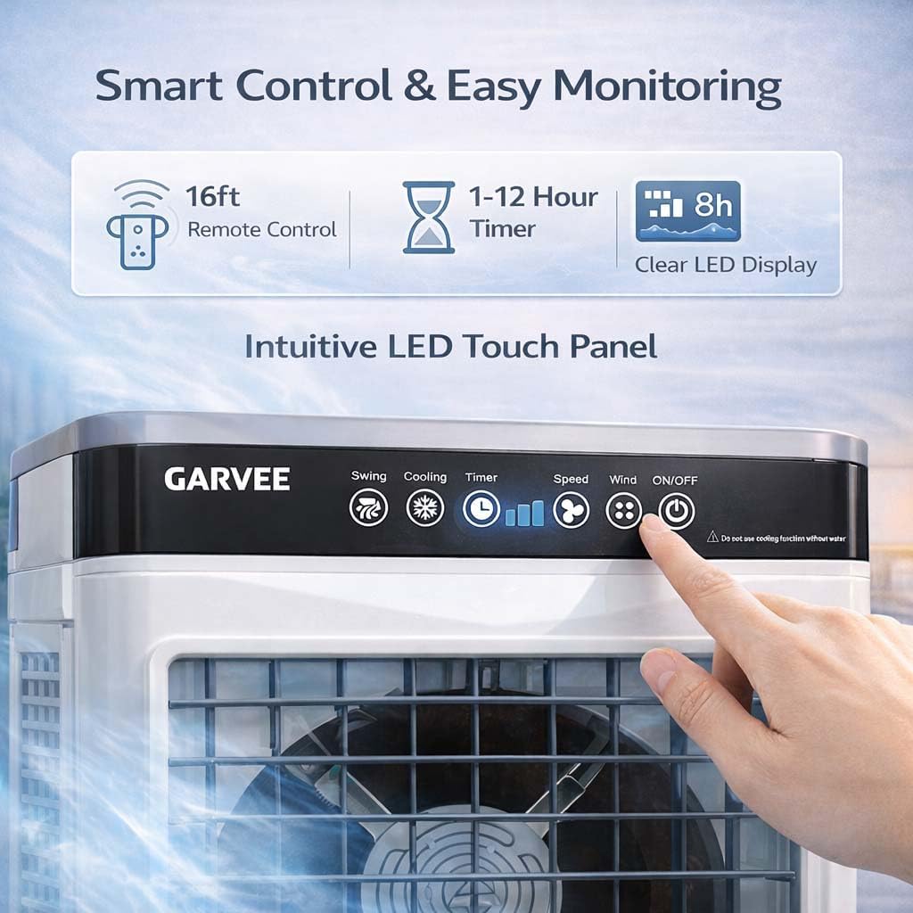 White and Gray Portable Air Conditioner Fan, Evaporative Air Cooler with Remote Control, 3 Fan Speeds, 1600ml Water Tank, 2/4/8 Hour Timer, Adjustable Airflow, for Bedroom Office Desk