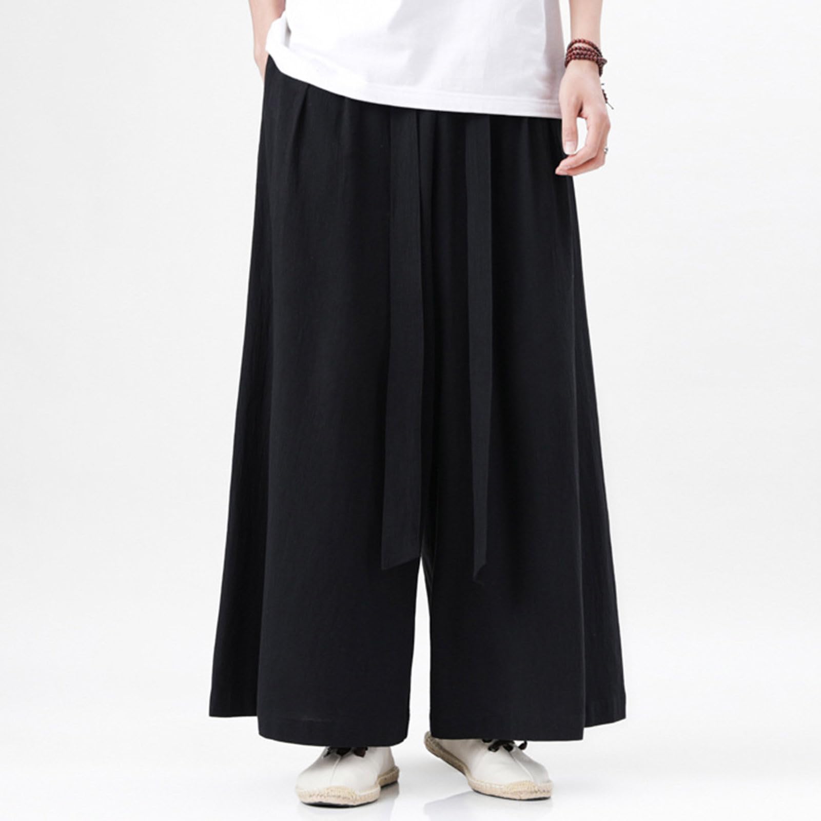 Pantalon de yoga en lin japonais pour homme - Pantalon sarouel baggy Hakama Kung-Fu - Pantalon kimono - Pantalon large - Pantalon de loisirs - Pantalon de jogging en coton et lin - Pantalon